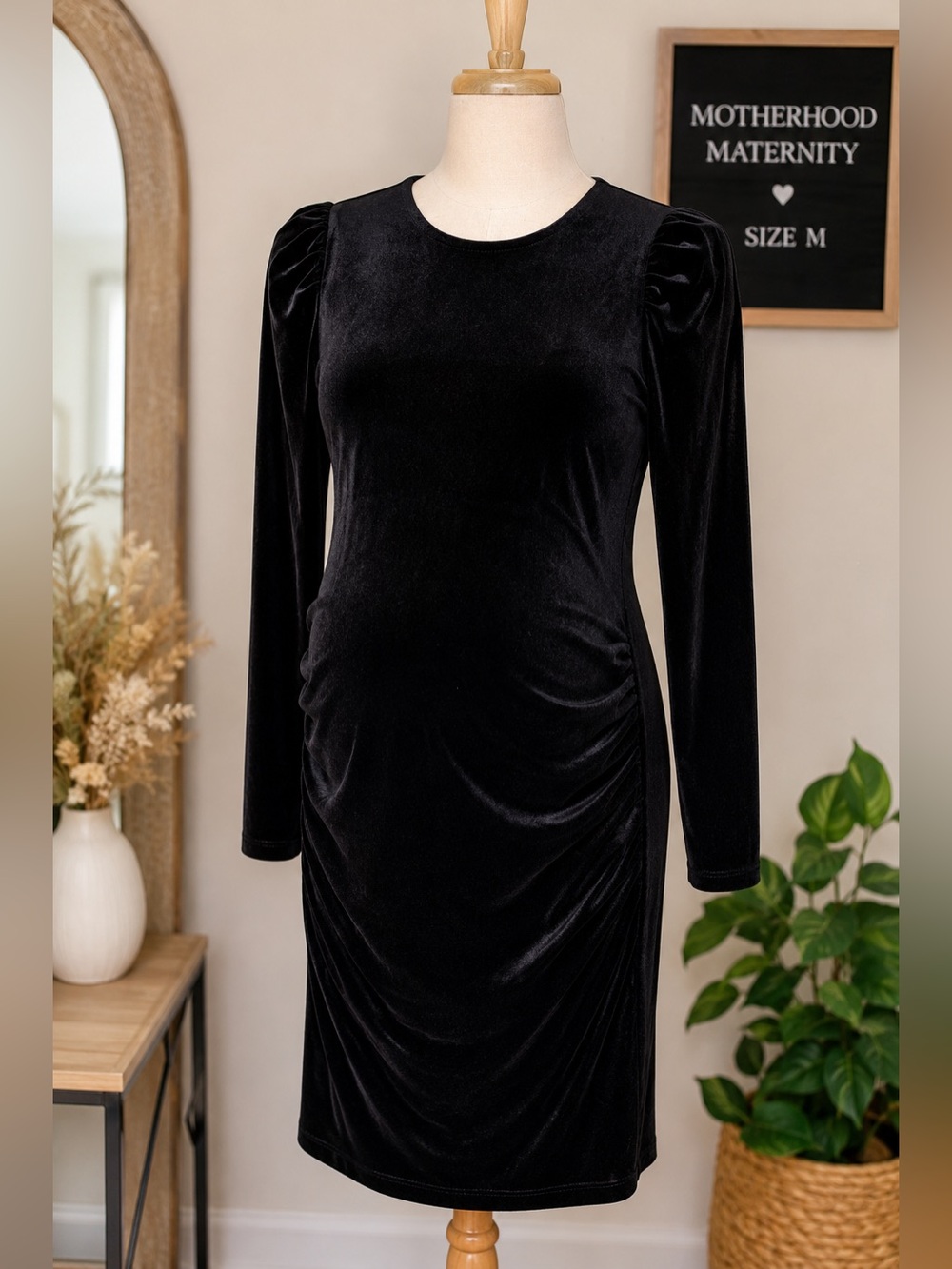 Motherhood Maternity Black Velvet Puff Sleeve Bodycon Dress Medium